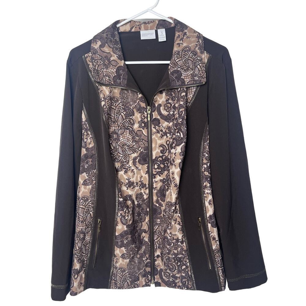 Zenergy Chicos Jacket Floral Paisley AthLeisure Brown Lightweight Size 3 (XL)